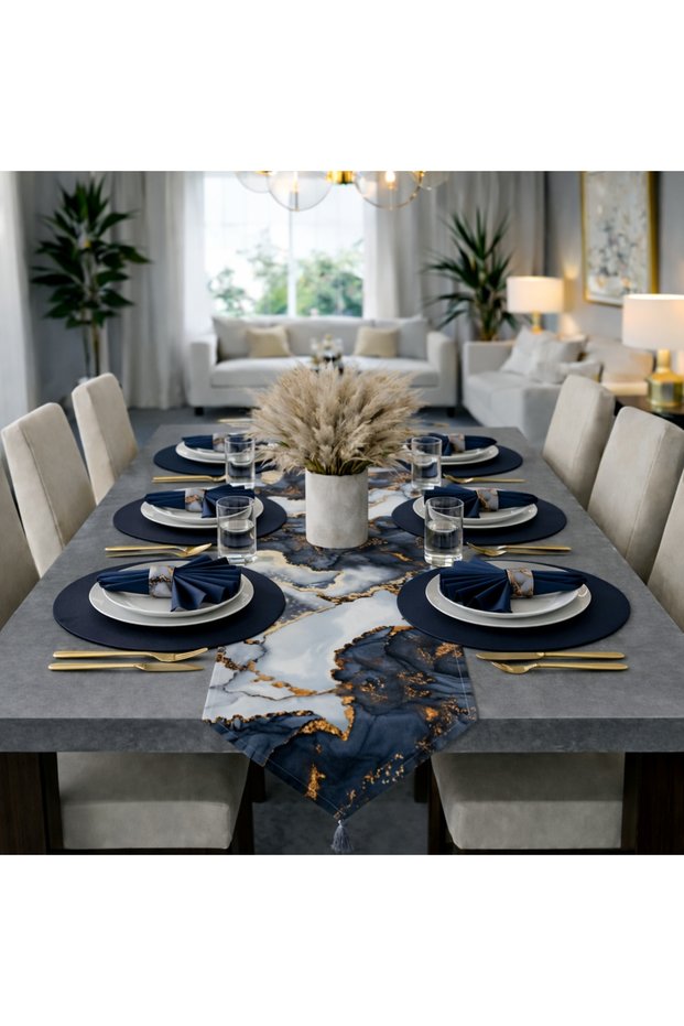 American Service Set, New Season, 6 Navy Blue Supla Plates, 6 Navy Blue Napkins, 6 Napkin Rings and Runner Cover Gray Marble Tk 1
