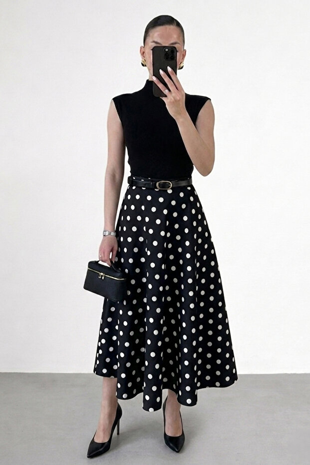 New Season Long Polka Dot Detailed Long Skirt
