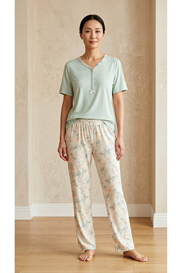 24843 Women's 100% Cotton Pajamas Set Floral Pattern Plus Size Comfortable Mom's Pajamas Summer Short-Sleeved
