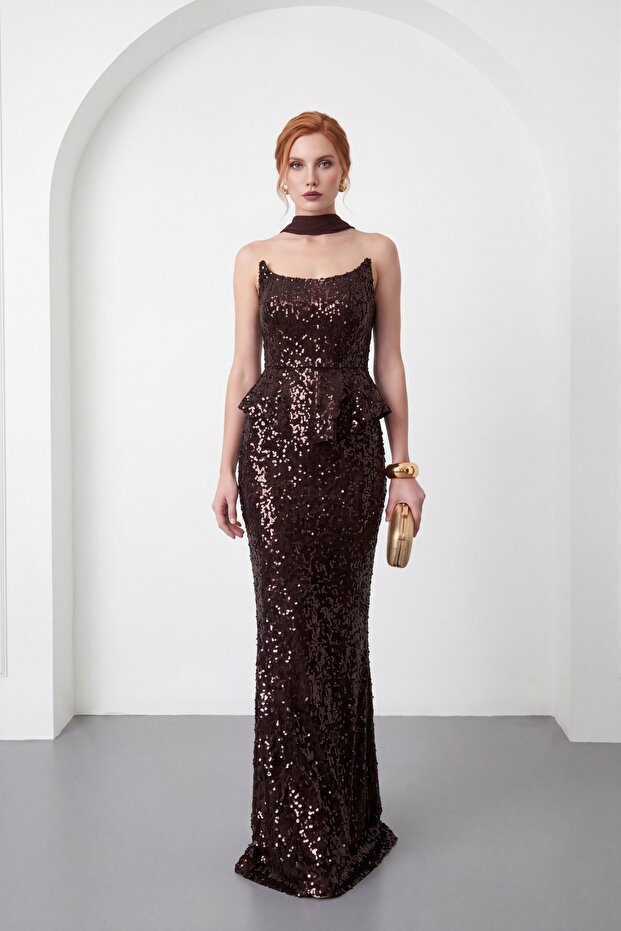 Women's Brown Shawl Collar Sequin Long Fishtail Evening Dress