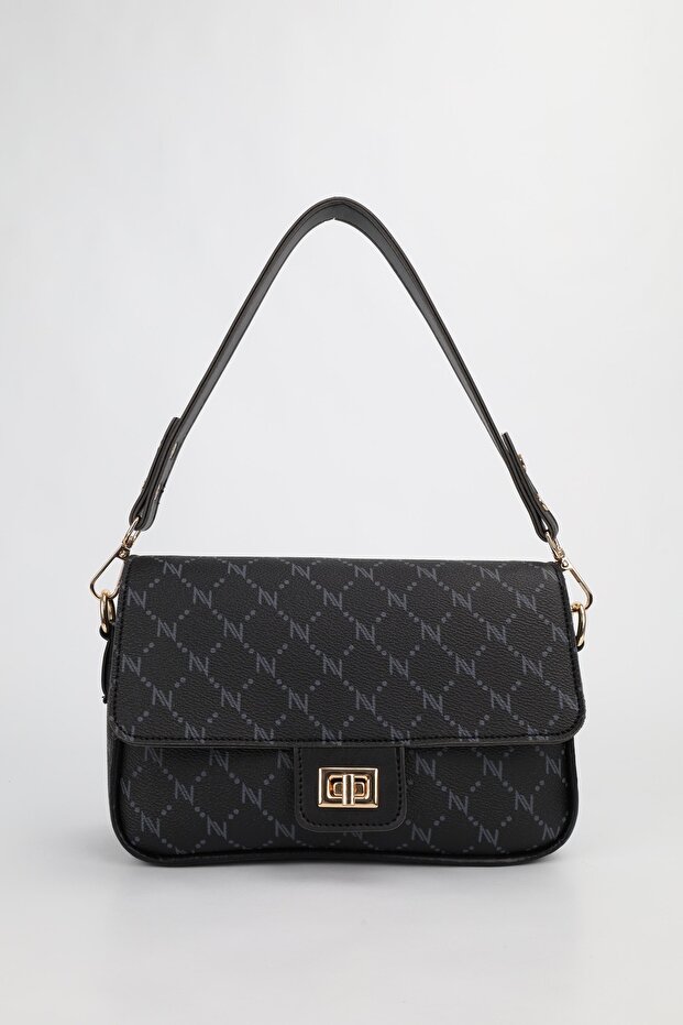 Women's Monogram Black Clamshell Lock Detailed Shoulder and Crossbody Bag Velux