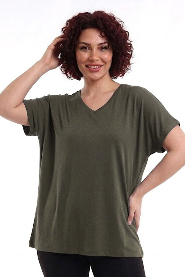 Women's Khaki Plus Size V-Neck Comfortable T-Shirt