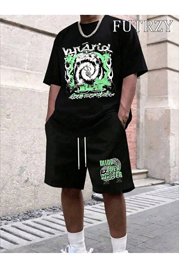 Men's Chicago Printed Oversize Shorts Set 100% Cotton Casual Style
