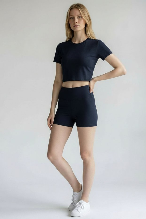 Women's Navy Blue Gathering Mini Leggings & Crop T-Shirt Bottom-Top Set Sports Shorts Leggings Set