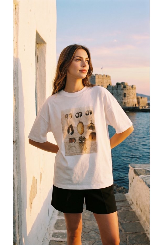 White Oversize Vintage Gold Accessory Printed Crew Neck Basic Short Sleeve Women's T-Shirt