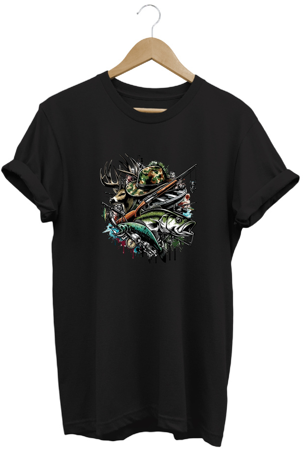 Unisex Deer and Fish Printed Land and Nature T-Shirt Outdoor Camping Wear