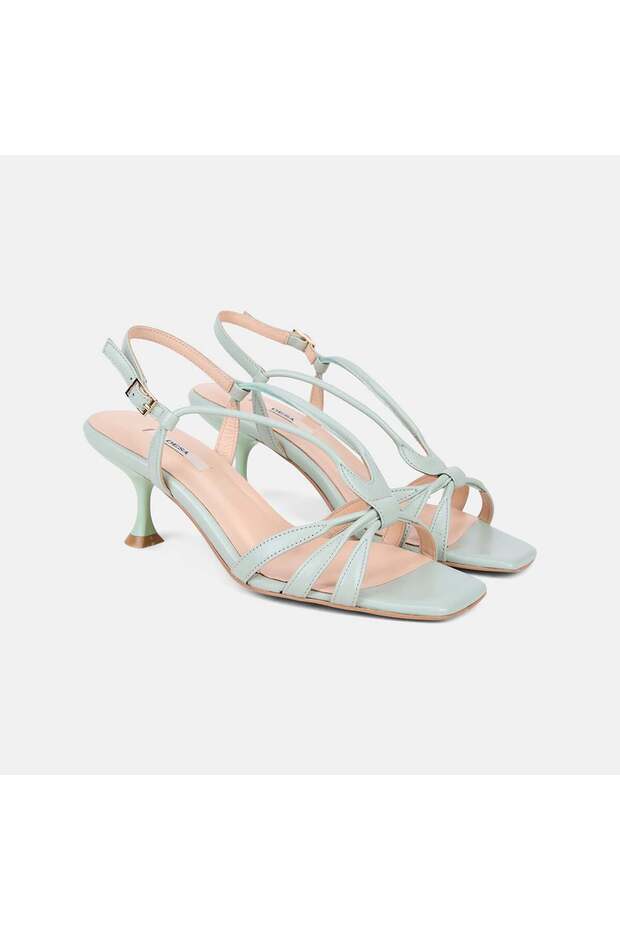 Women's Green Thin Striped Ankle Buckle Heeled Leather Sandals