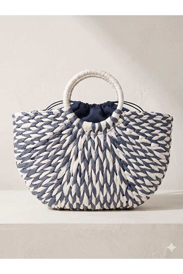 Spiral Patterned Navy Blue Basket Straw Bag Cnt1062