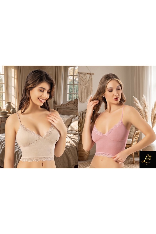Crop Blouse Set with Straps, Lace and Padded Bustier Bralet, 95% Cotton