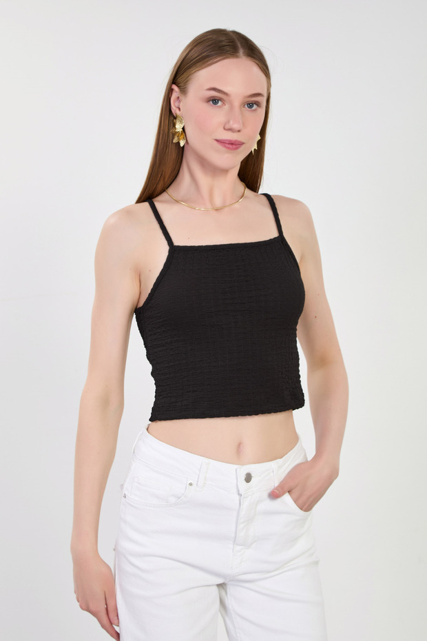Women's Strappy Bubble Blouse - Black