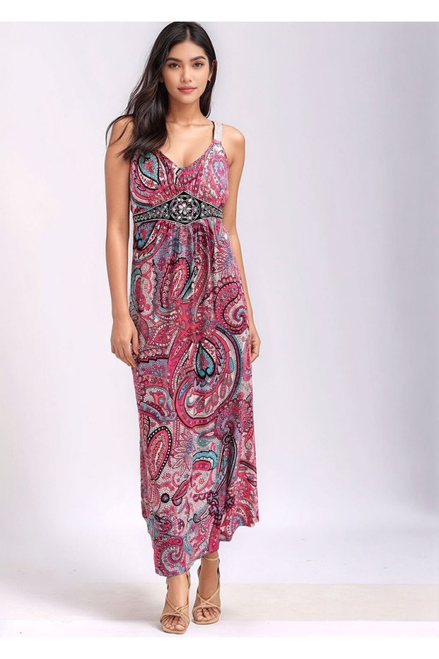 Women's Strappy Waist Dress with Stone Accessory Detail, Colorful, Stylish, Curve-Friendly, Patterned Dress