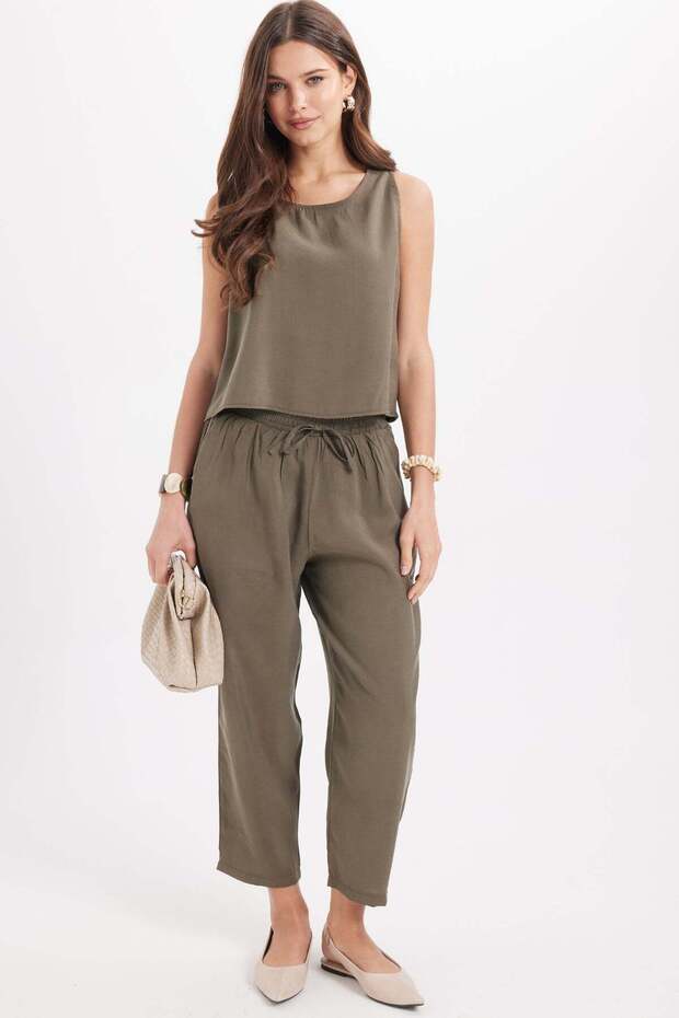 Women's Standard Fit Regular Cut Sleeveless Lycra Crew Neck Blouse Wide Leg Khaki Trousers Set