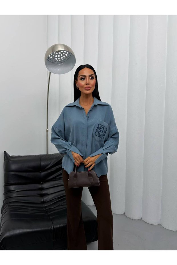 Women's Oversize Embroidered Pocket Detailed Long Sleeve Stylish Loose Shirt