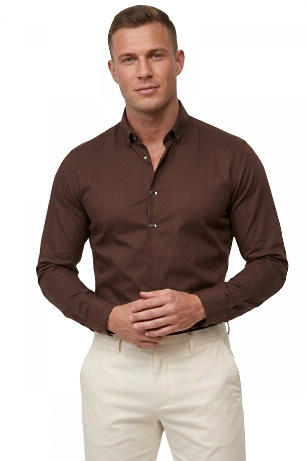 Brown Slim Fit Lycra Easy-Ironing Hidden Button Men's Shirt 2602614