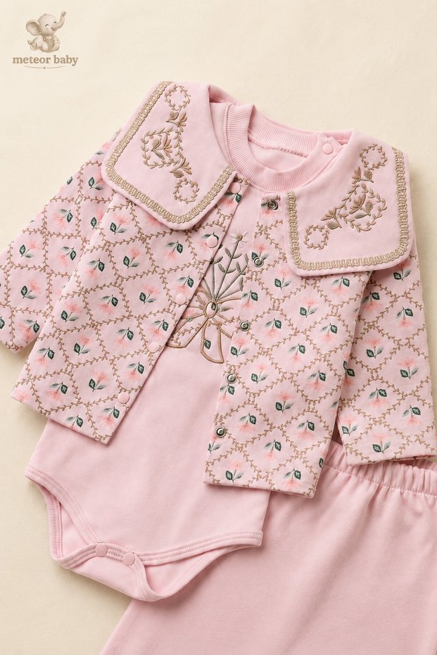 Baby Girl 3-Piece Set with Embroidery Detail, Top and Bottom, Seasonal Set