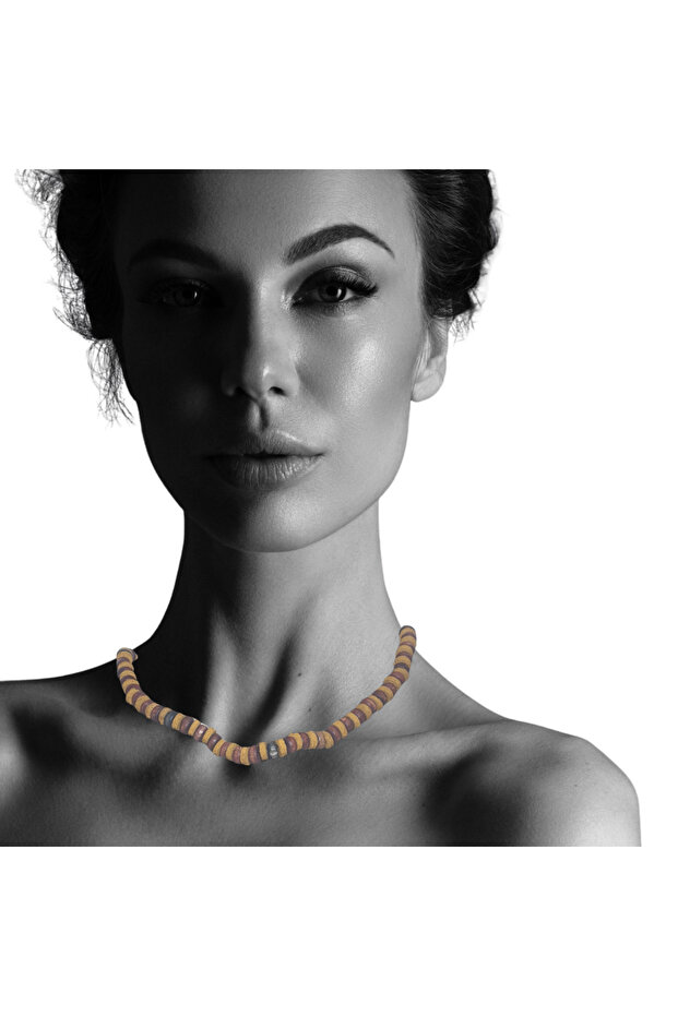 Brown Leather and Wooden Bead Necklace 35Cm+10Cm