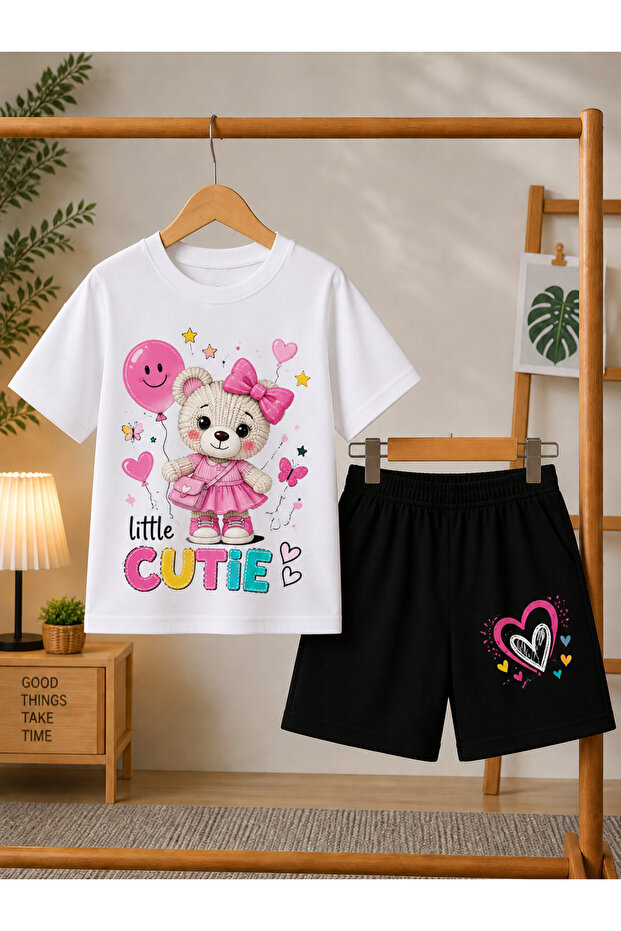 Cuite Teddy Bear Printed White T-Shirt - Black Shorts Summer Top and Bottom Set