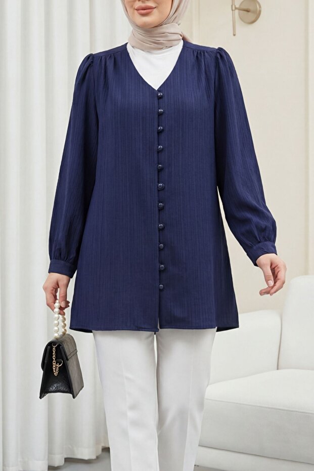 Buttoned V-Neck Jacquard Crinkle Tunic - Dark Blue