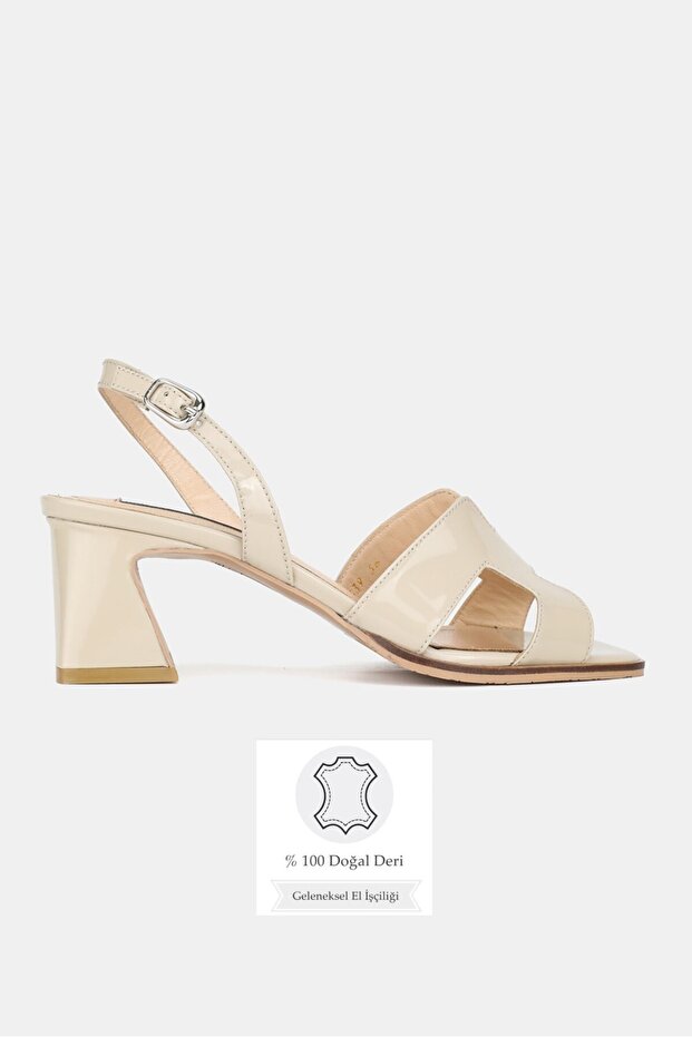 Women's Beige Patent Leather Genuine Natural Leather Thick Heel Open Back Shoes, Size 35-41