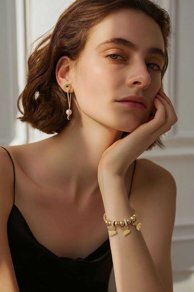 Women's Steel Gold Charm Bracelet - Italian Chain Bracelet with Triple Butterfly Figure and Stones