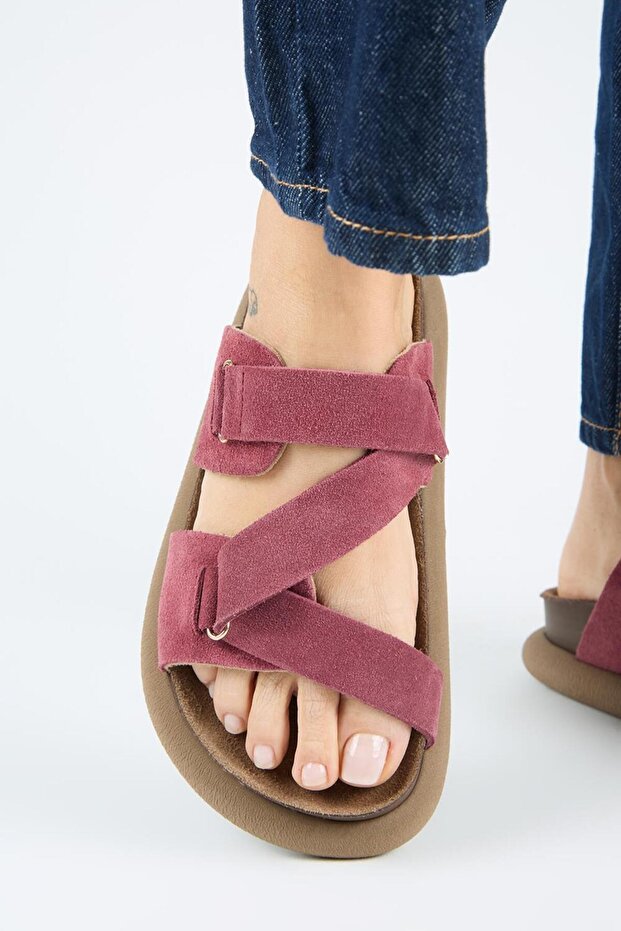 Tulipan Women's Genuine Leather Cherry Slippers with Straps