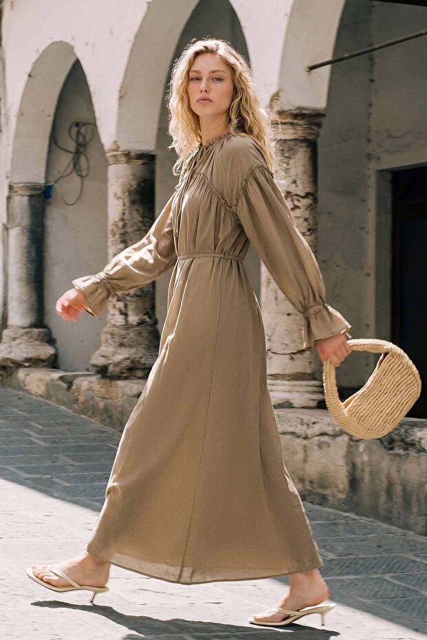 Rochie lungă camel cu șnur - 2