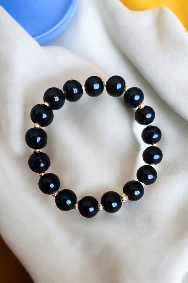 Shiny Black Onyx Stone 10 mm Onyx Stone Bracelet Dorika Unisex Bracelet