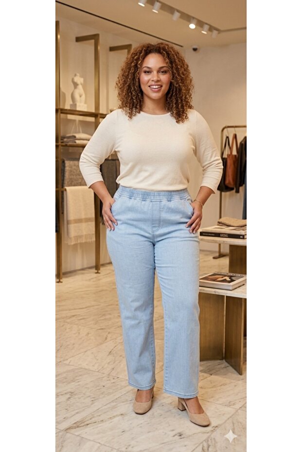 Elastic Waist High Waist Palazzo Model Lycra Large/Small Size Pants Jean Light Blue