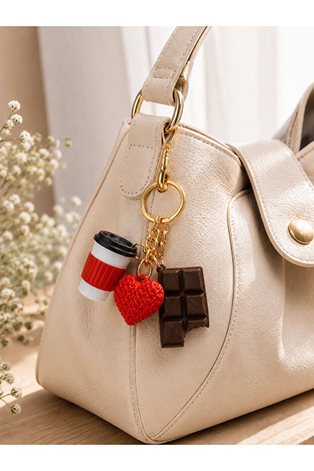 3-Piece Coffee Heart Chocolate Bag Charm & Keychain - Stainless Premium Keychain