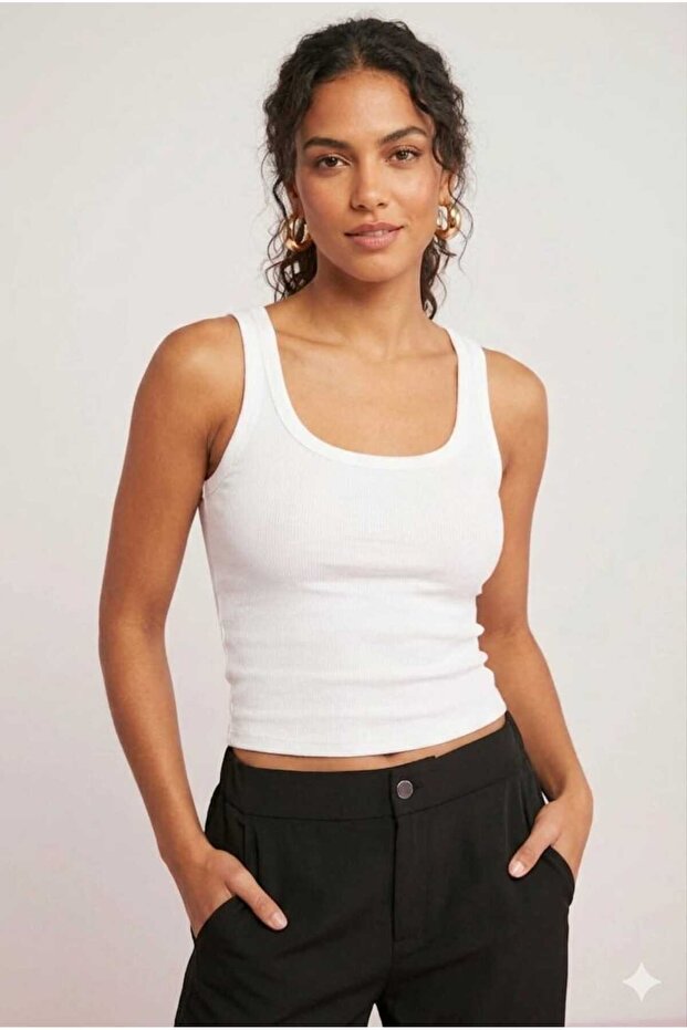 Women's Ribbed Look Thick Strap Basic White Blouse Undershirt
