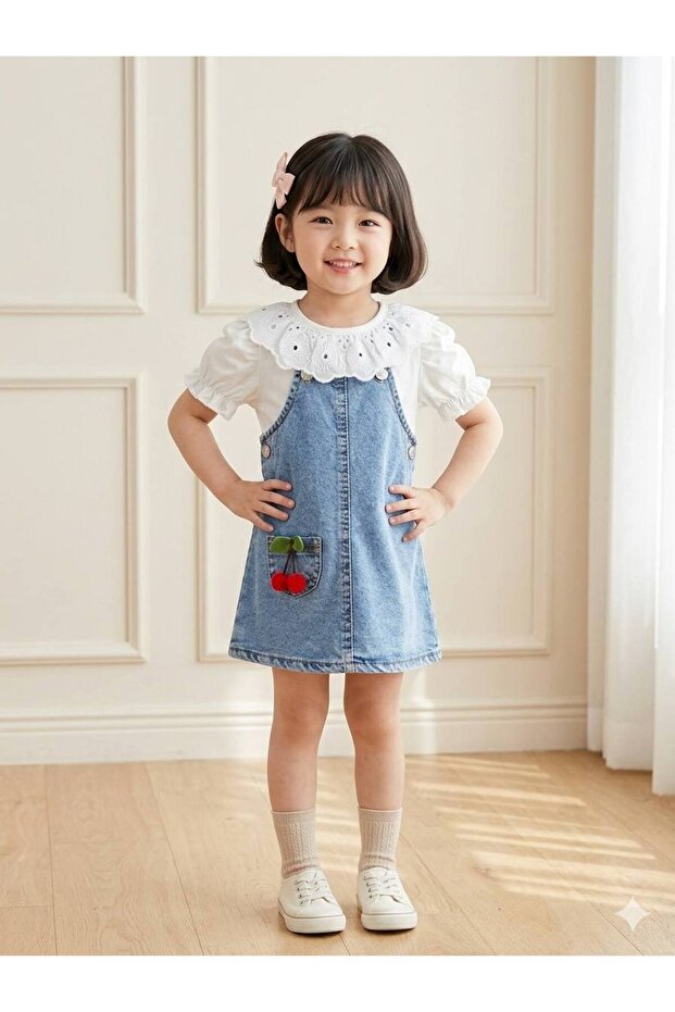 Girl's Stylish Blouse and Denim Salopet Cherry Set
