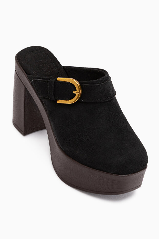 Annela Black Suede Platform Heeled Women's Slippers