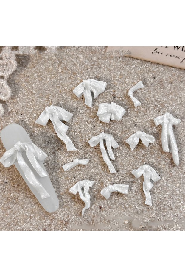 White 50Pcs 3D Multi-Shapes Pearlescent Ribbon Nail Charms White/Pink/Blue Bowknot Nail Arr Decorati