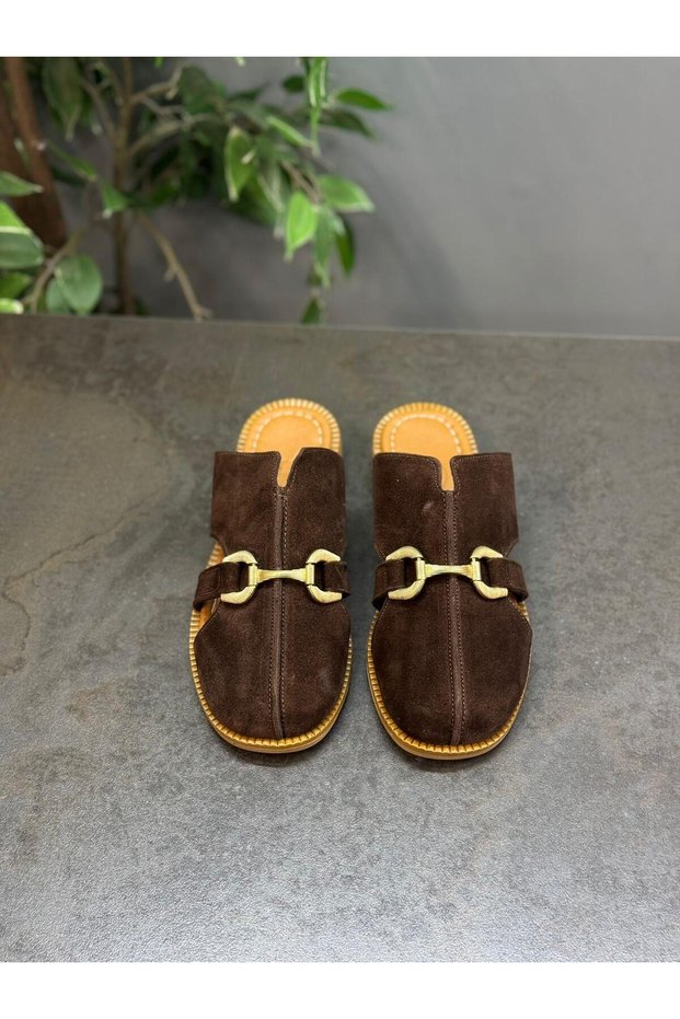 Elora Brown Suede Leather Women's Slippers with Gold Buckle