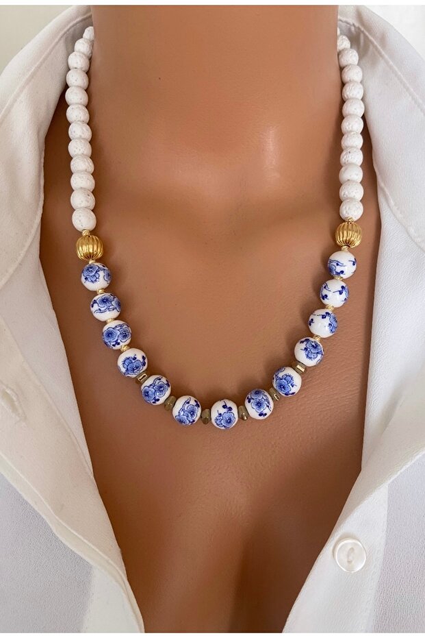 Natural Stone White Blue Flower 10mm Ceramic Gold Plated Summer Women's Necklace in Special Gift Box