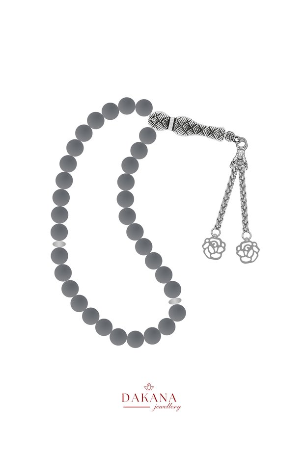 Certified 8 mm Hematite Stone Lotus Flower Steel Tassel Natural Stone Prayer Beads