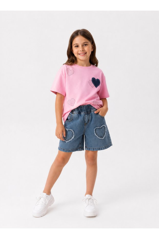 Girl's Festive Heart Set – Pink Stone T-Shirt & Denim Shorts 2-Piece Summer Combination