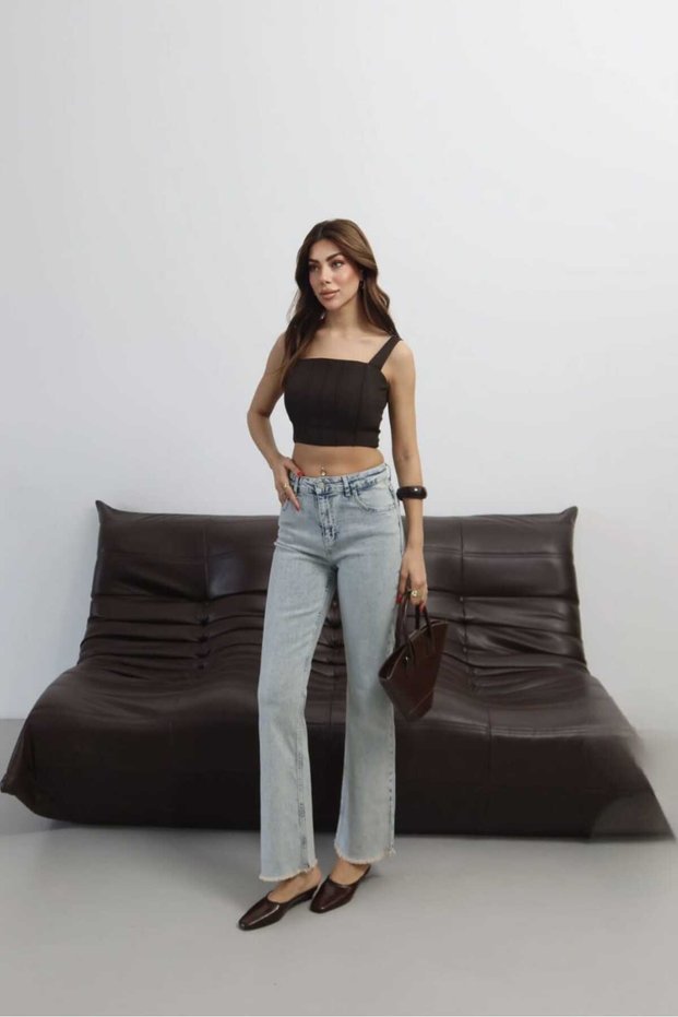 Lycra Mini Flare Jean Trousers with Tassels at the Legs