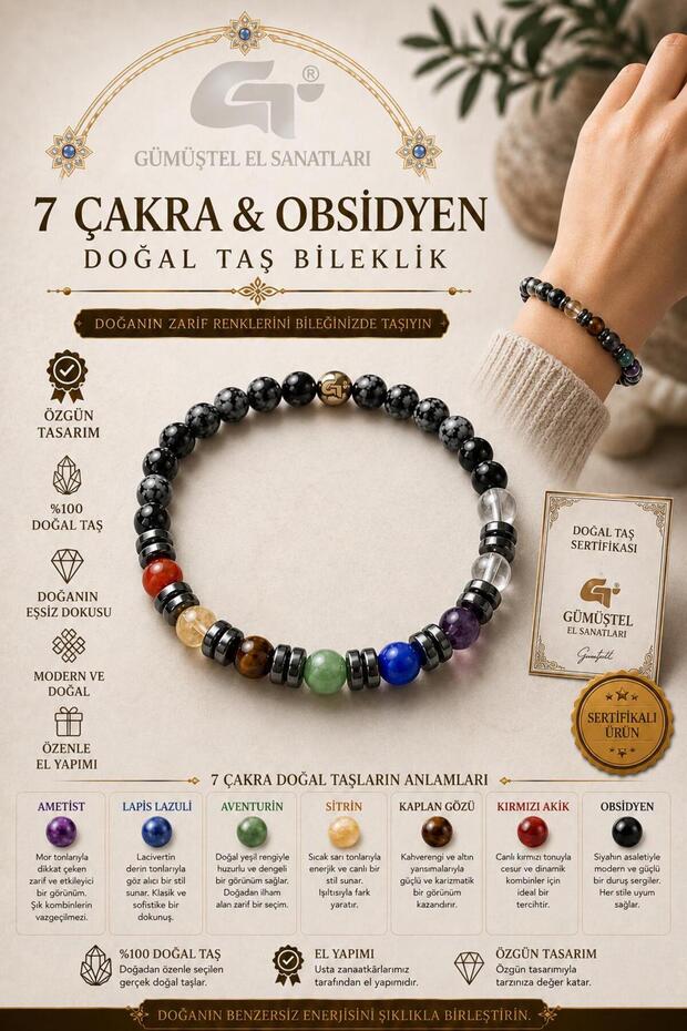 Certified 7 Chakra & Obsidian Natural Stone Bracelet
