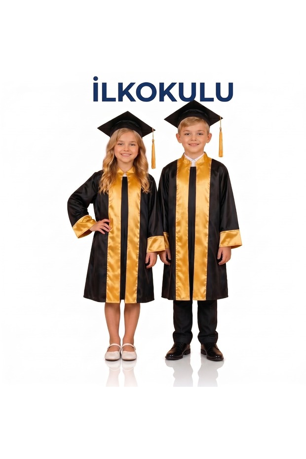İlkokul Uni̇sex Black Graduation Gown and Cap Set with Colorful Stripes