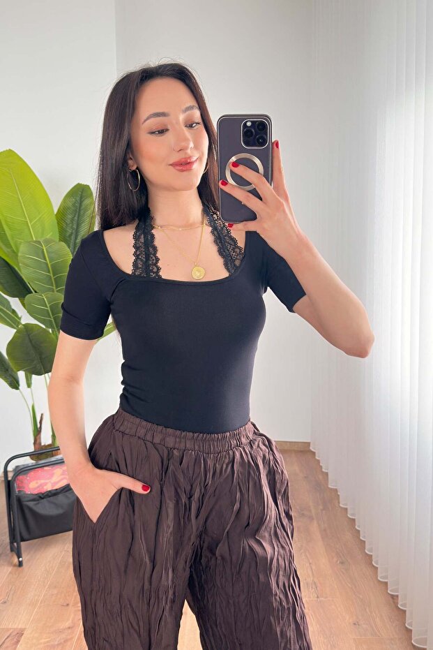 Lace-Up Neckline Short Sleeve Black Blouse