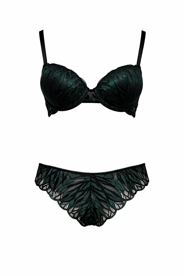 Lace Underwire Supported Green Bra and Panty Set