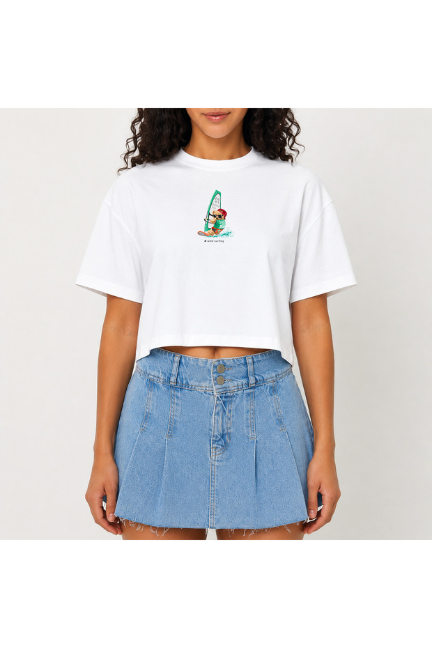 Crop T-Shirt White Printed Relaxed Fit Raw Cut Basic Short Tshirt