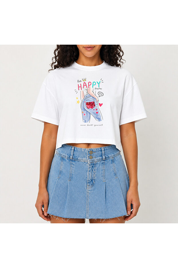 Crop T-Shirt White Printed Relaxed Fit Raw Cut Basic Short Tshirt