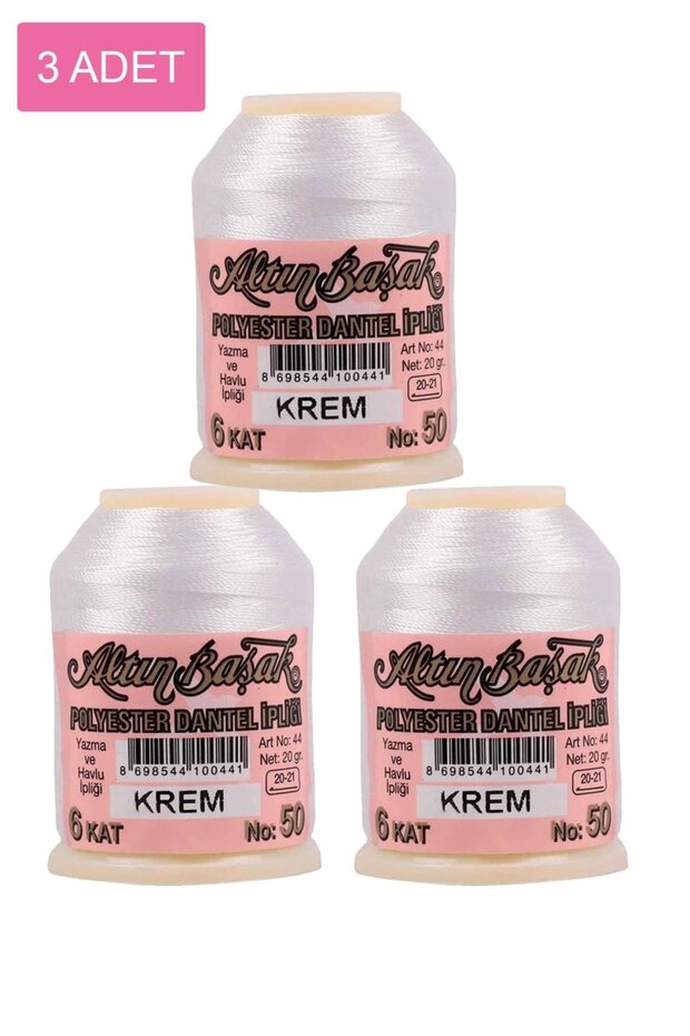 3 Pieces of Gold Spike Needle and Lace Thread 20 Gr - No: Cream