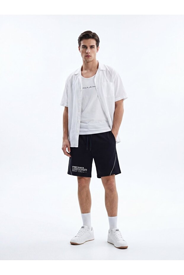 Printed Regular Navy Blue Shorts with Piping Detail