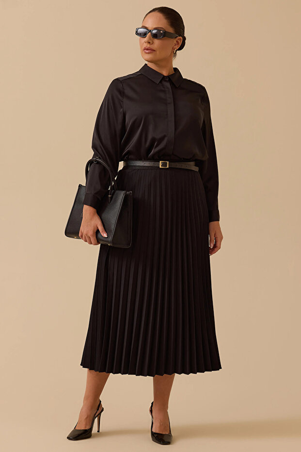 Galaxi Women's Plus Size Pleated Detailed Skirt 4006 Black