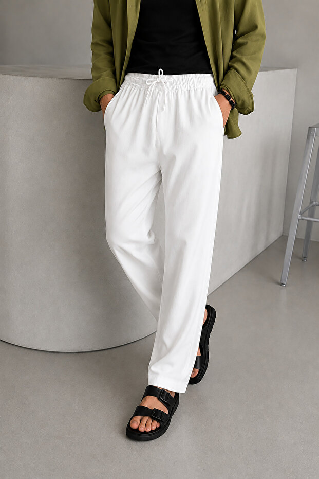 Men's White Comfortable Fit Elastic Waist Linen Look Baggy Trousers