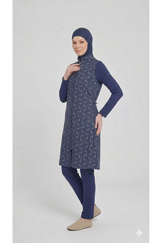 Hijab Swimsuit Full Covered Patterned Navy Blue Women's Sea Swimsuit Set Uv Protection Zippered
