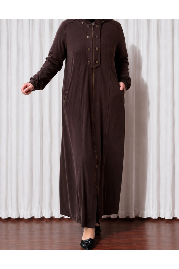 26908 Hooded Full-Length Zippered Coat with Front Patch Detail